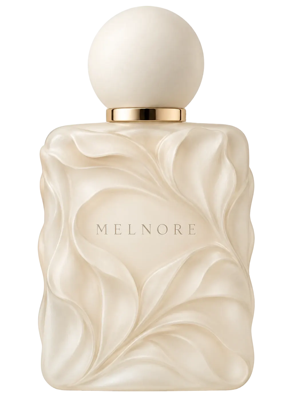 Vanilla Rêve — sculptural MELNORE bottle with ivory spherical cap and champagne-gold collar